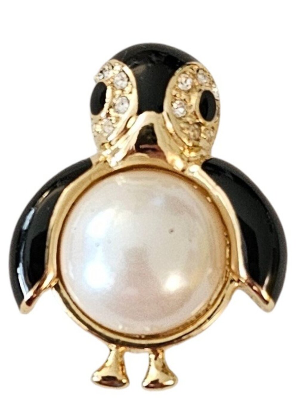 Marvella Penguin Pin Faux Pearl Clear Rhinestone Black Enamel Brooch Signed L643